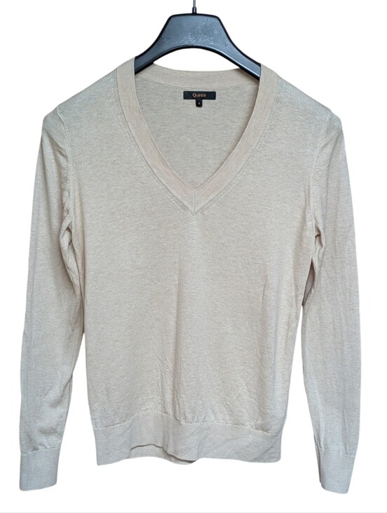 Quince Sweaters - Quince Lightweight Cotton Cashmere V-Neck Sweater Heather Oatmeal Size Small